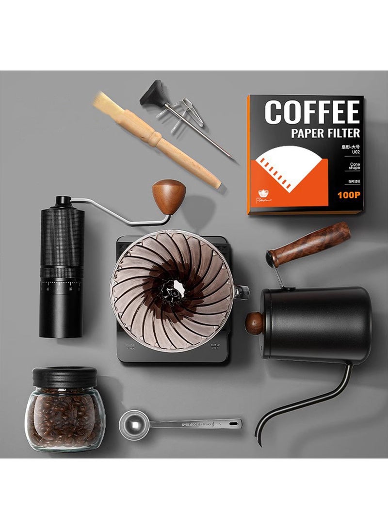 PAKCHOICE 10 Pcs Drip Coffee Maker Set V60 Drip Coffee Set with Goose Neck Kettle Digital Scale Manual Grinder and 100 Pcs Paper Filter Hand Brewing Coffee Accessories Kit - Image 3